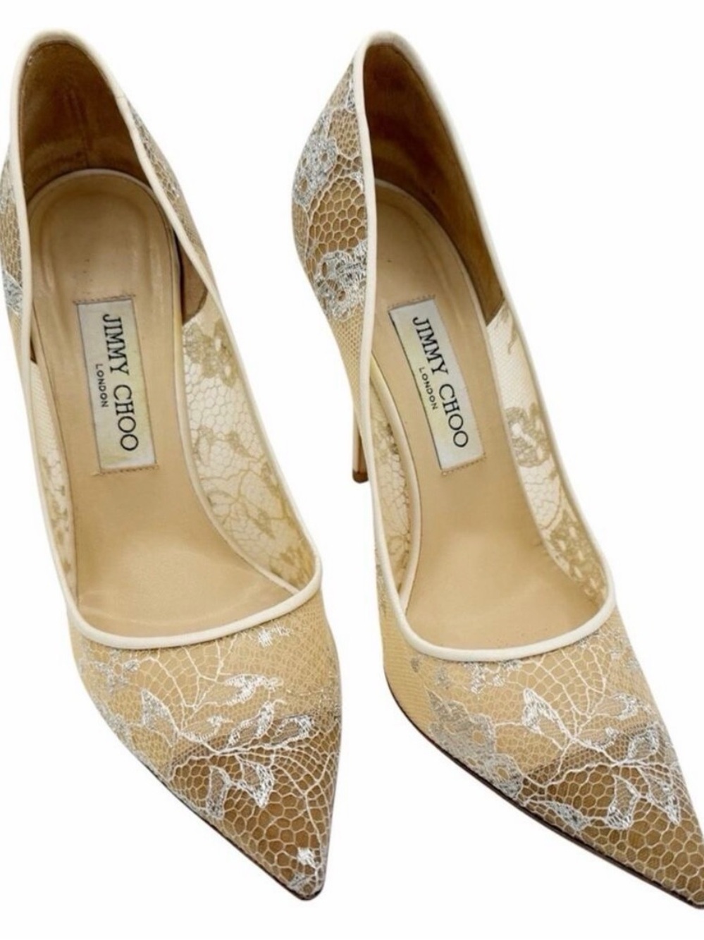 Jimmy Choo Beige and White Lace Pointed-Toe Stiletto Heels